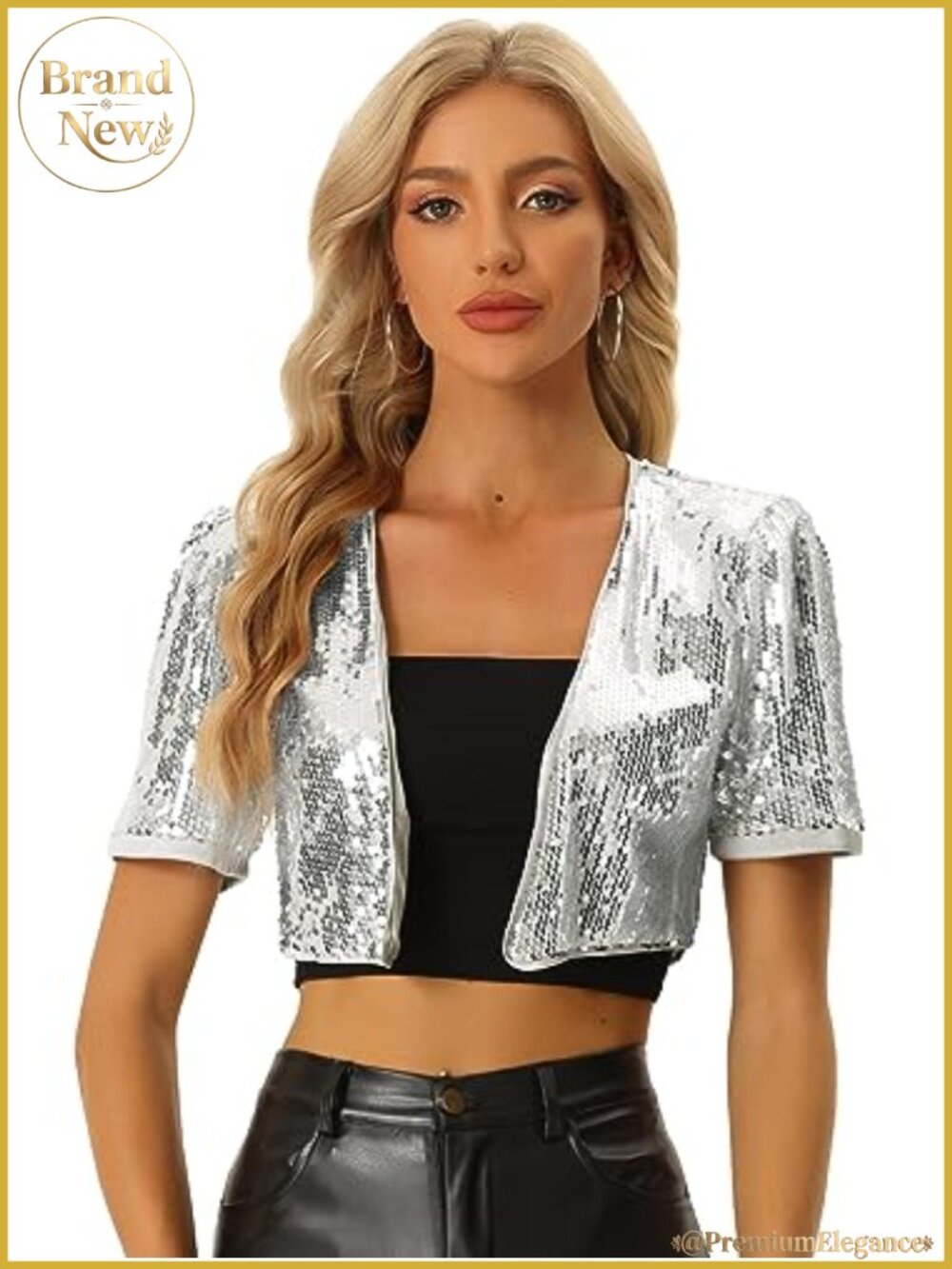 Sequin Cropped Cardigan Short Sleeve Open Front Bolero Shrug for Women